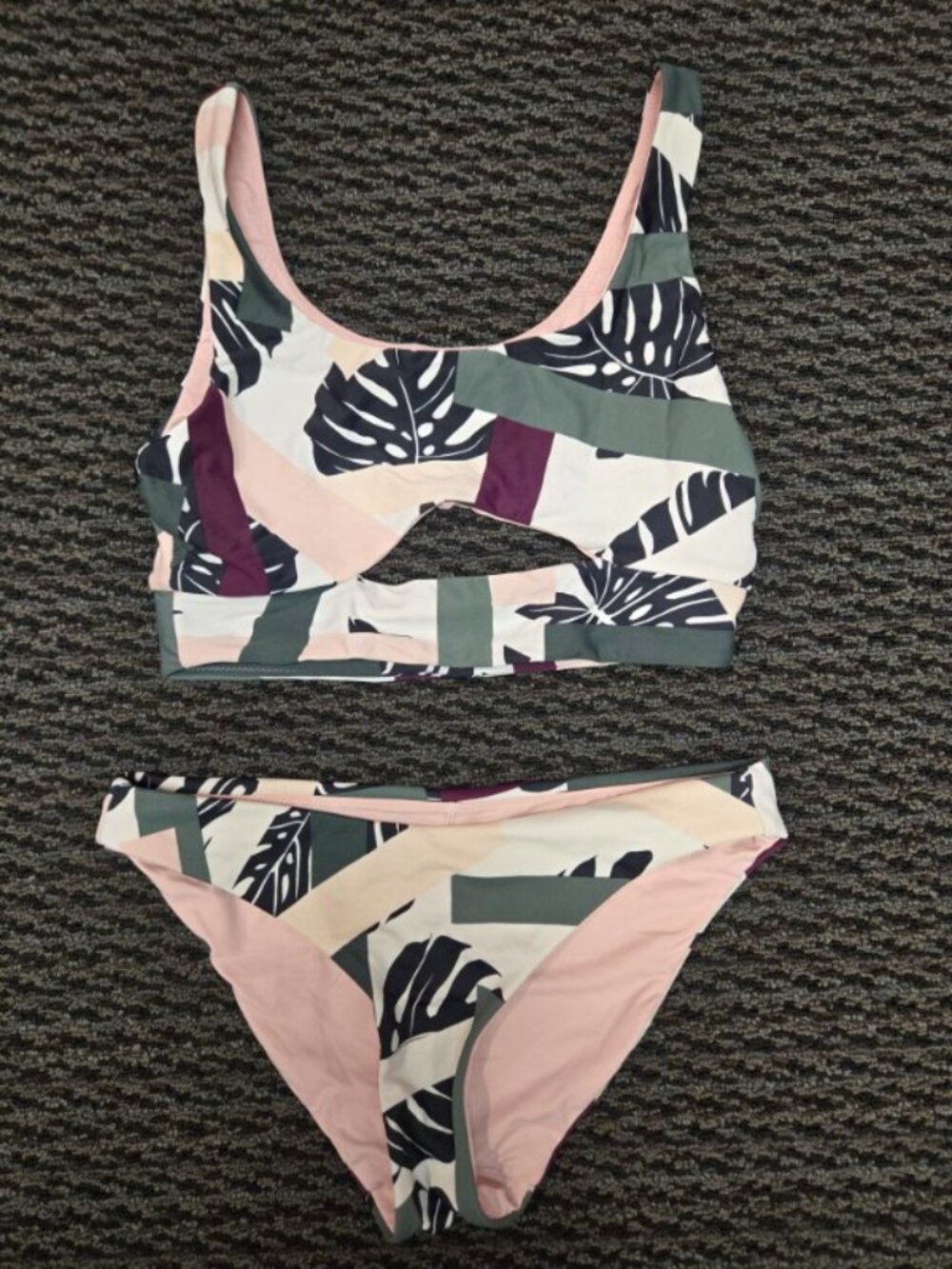 Athleta Pink Green White Leaf-Print Cutout Two-Piece Bikini Set